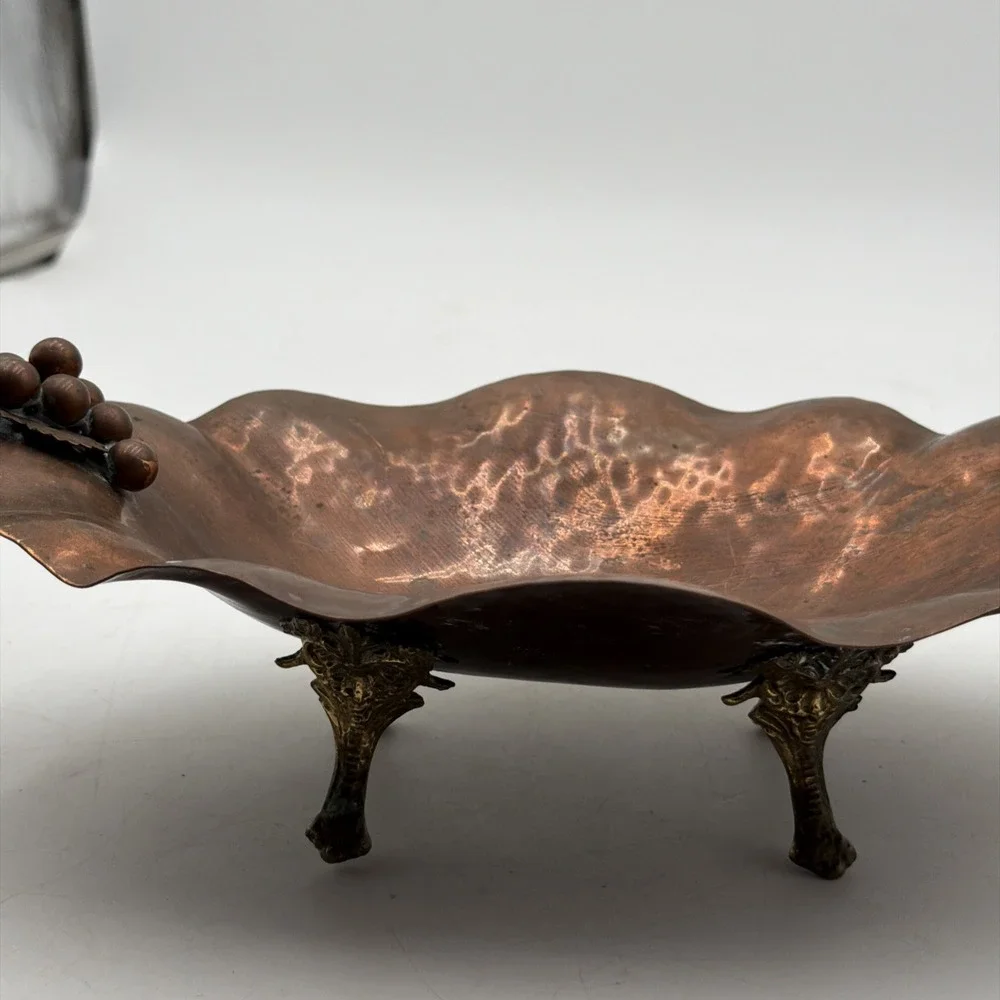 Rare Vintage MCM Copper Brass GRAPES Footed Brass Feet Console Bowl 11 3/4